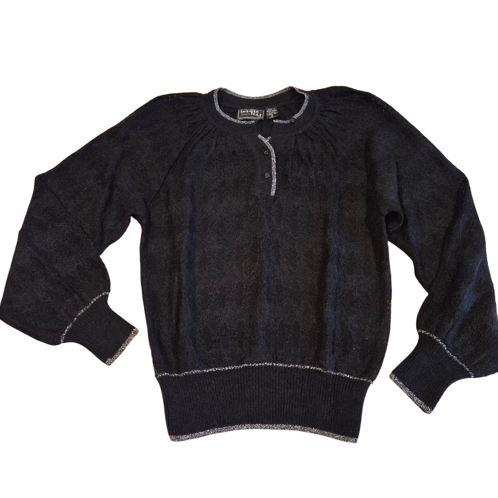 Vintage Sweater Teas Black Mohair Blend Puff Sleeve Metallic Trim Henley M